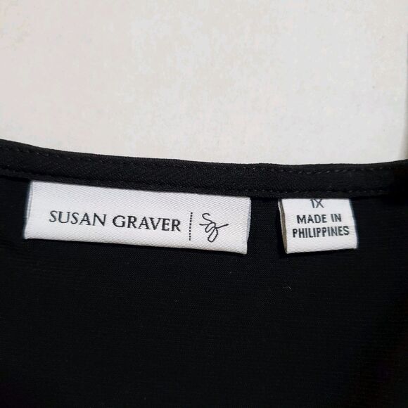 Susan Graver Liquid Knit Black Dress Size 1X Plus Banded Split Sleeve Womens - Picture 7 of 8